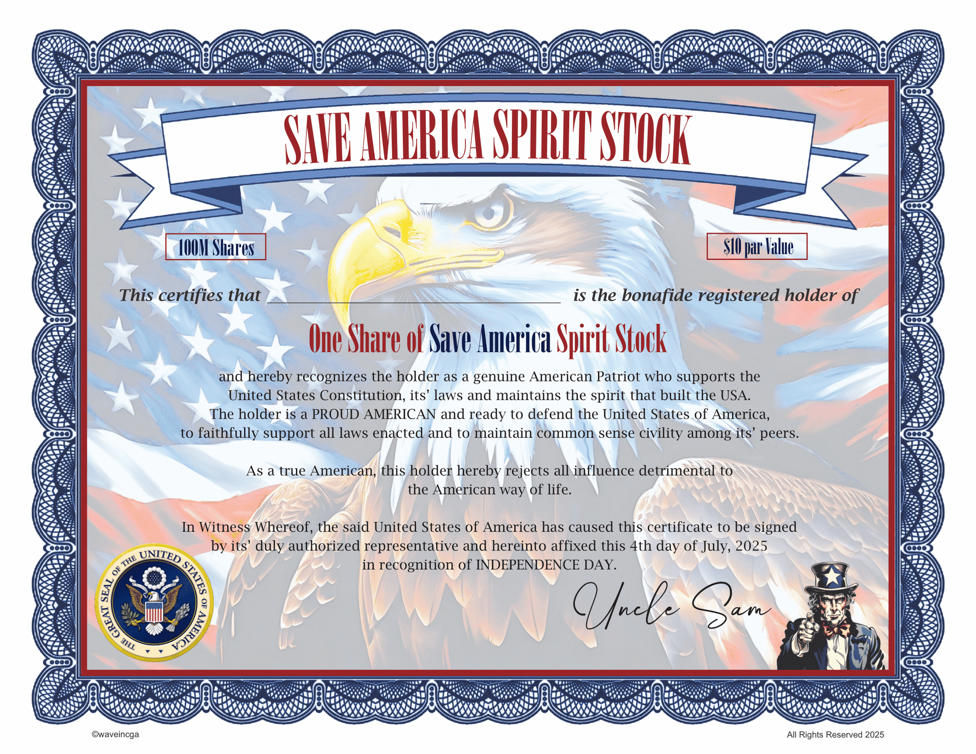 SAVE AMERICA SPIRIT STOCK 100M SHARES