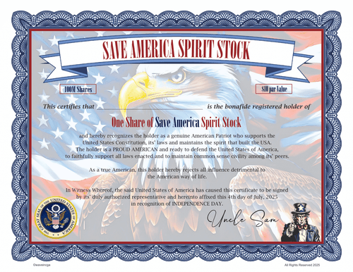 SAVE AMERICA SPIRIT STOCK 100M SHARES